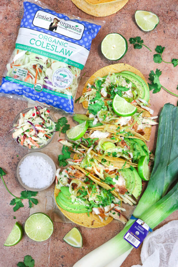 Baked Cod Tacos with Lemony Leeks & Apple Coleslaw