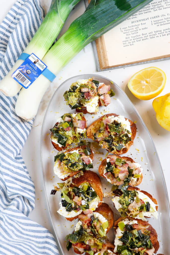 Caramelized Leeks, Bacon, & Burrata Crostini