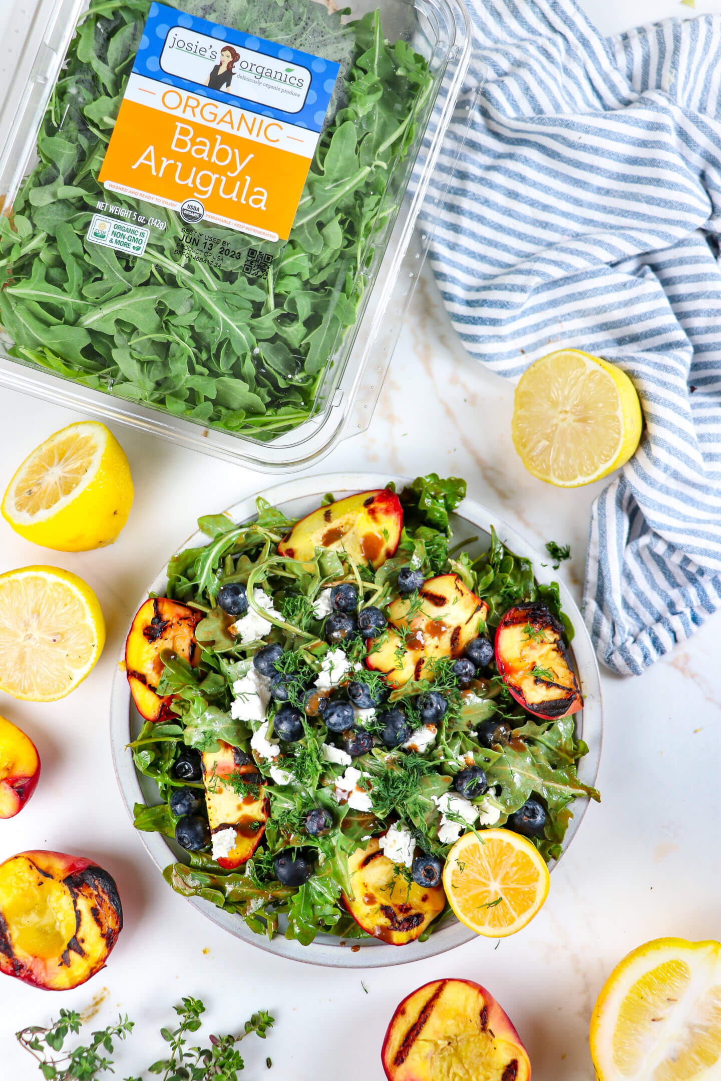Grilled Peach & Blueberry Arugula Salad with Balsamic Vinaigrette