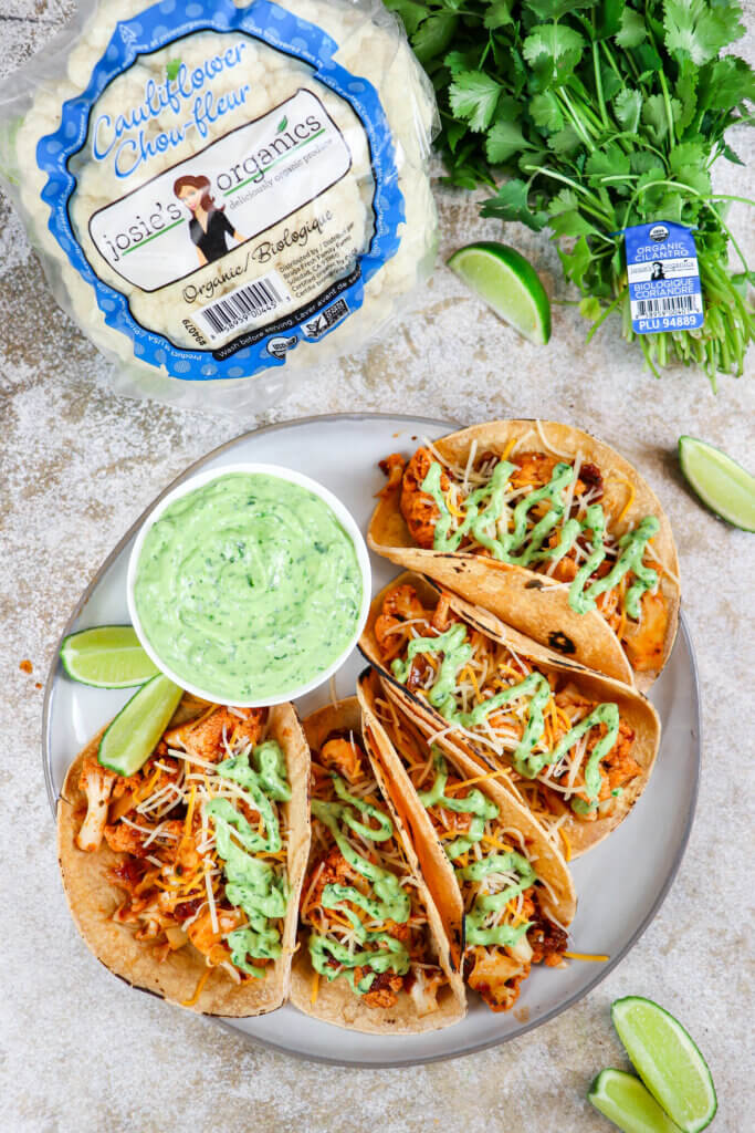 Juicy Cauliflower Tinga Tacos with Avocado Citrus Crema
